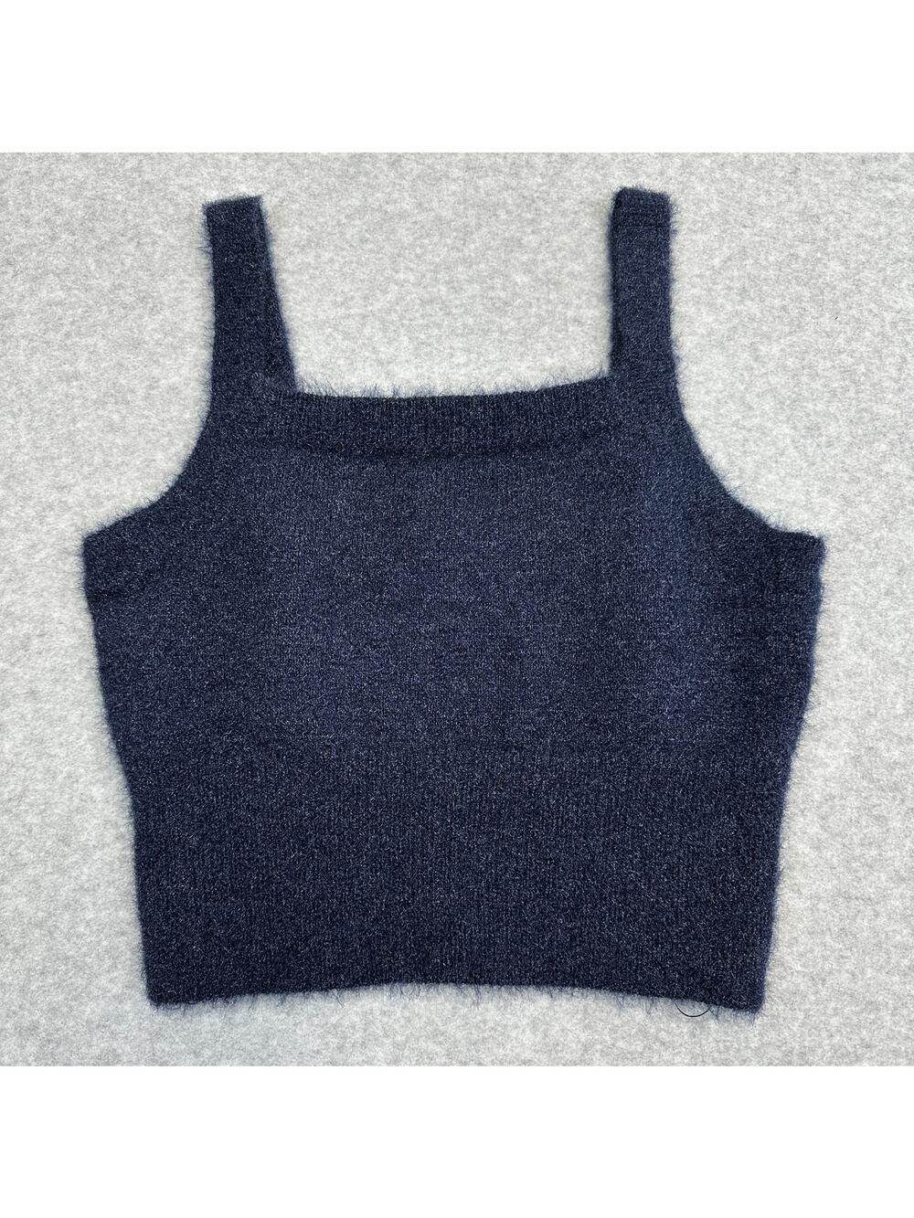 House of Harlow 1960 Fuzzy Knit Cropped Tank Top Womens M Navy Blue Square Neck